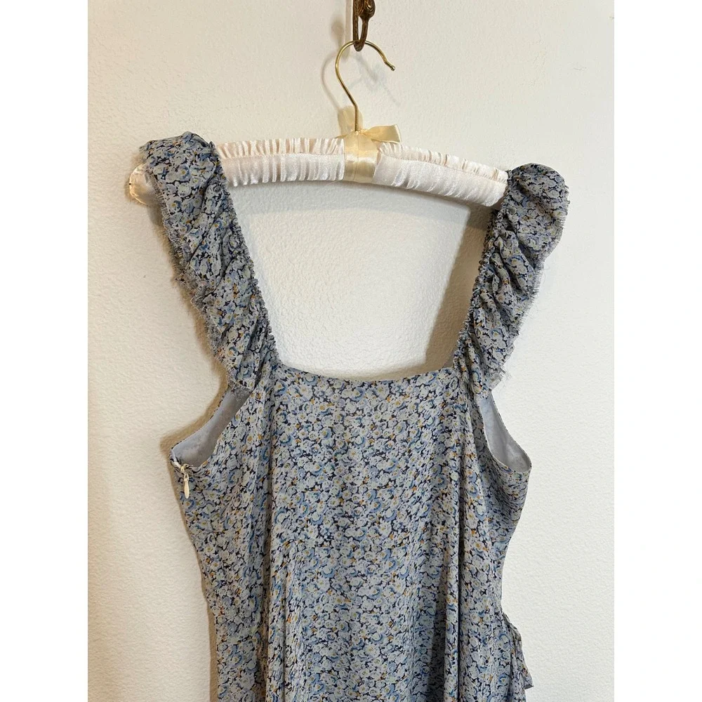 LoveShackFancy Silk‎ Midi Dress Size 4 Blue Floral Ruffle High-Low Romantic Boho